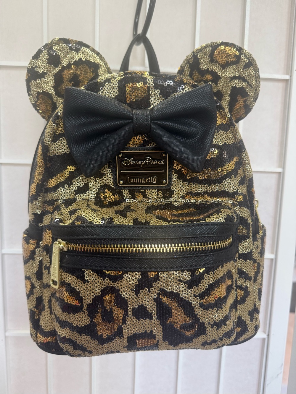 Loungefly Gold & Black Sequin Leopard Mini Backpack with Bow